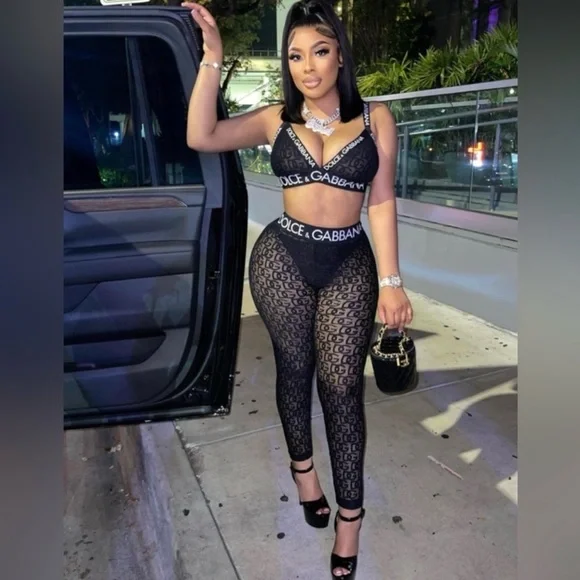 Black & White Dolce & Gabbana Inspired Cami Crop Top & Stretchy Pants Outfit - Picture 1 of 3